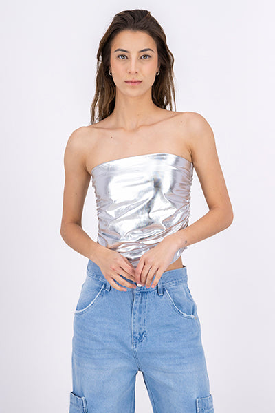 Top Strapless Metálico Plisado PLATA