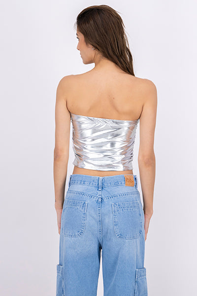 Top Strapless Metálico Plisado PLATA