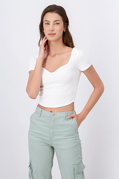 Top acanalado escote ondulado BLANCO