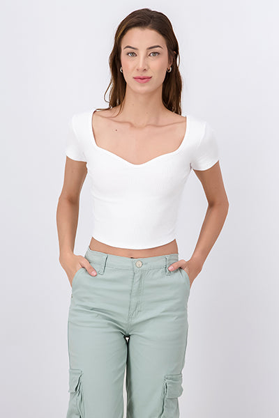 Top acanalado escote ondulado BLANCO