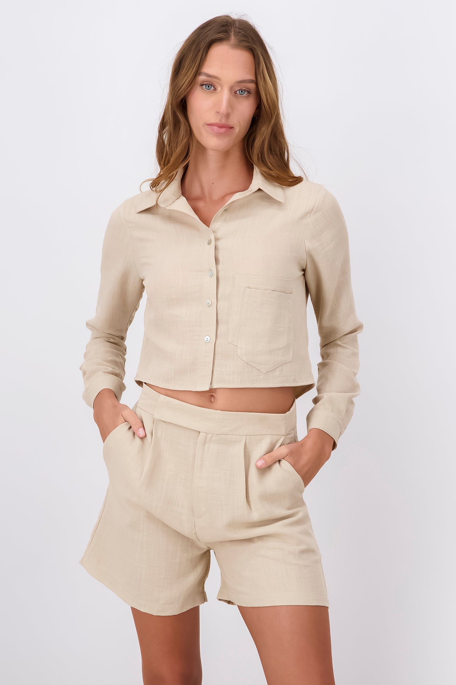 Camisa Crop Doble Bolsa BEIGE