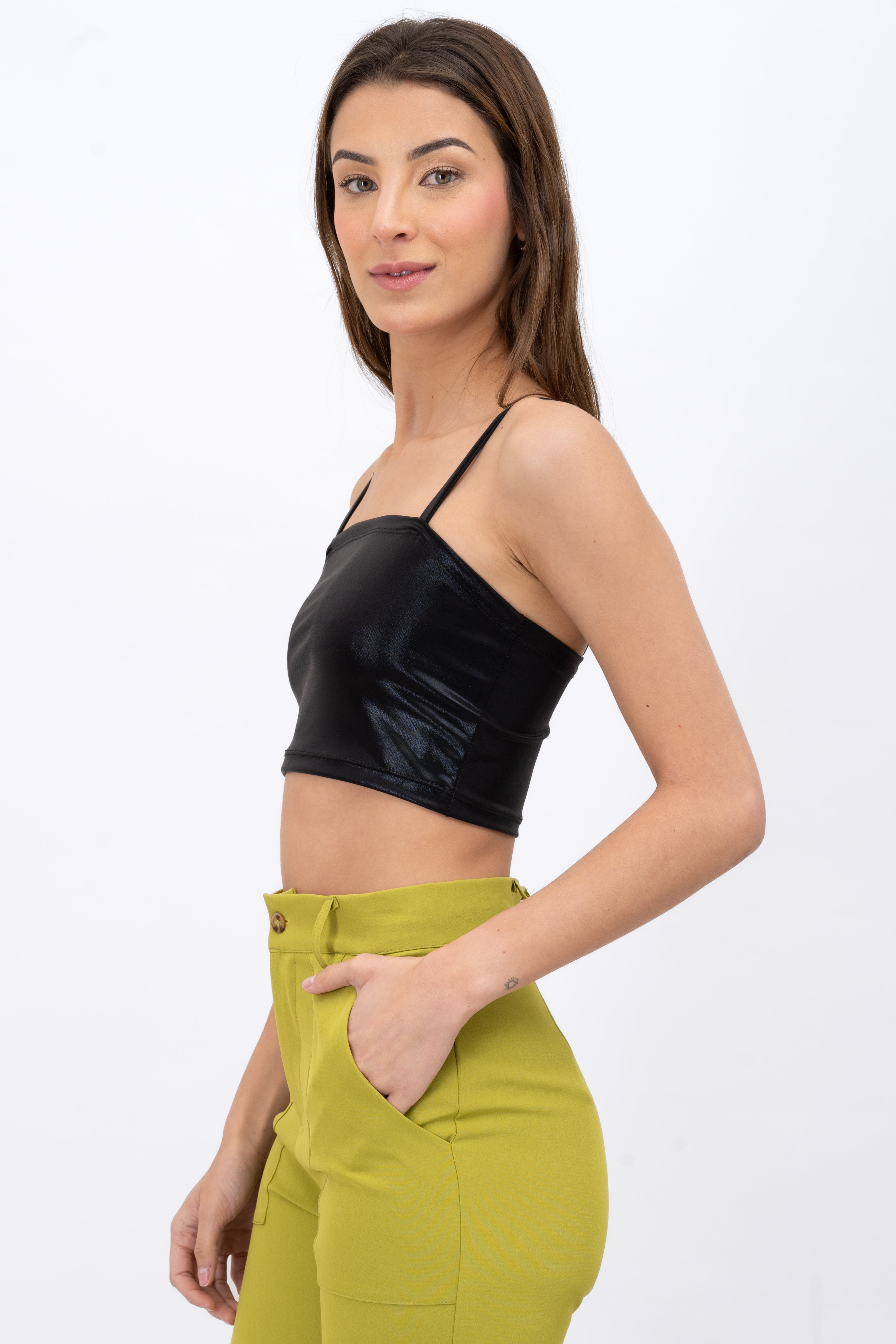 Crop top tirantes detalle brillos NEGRO