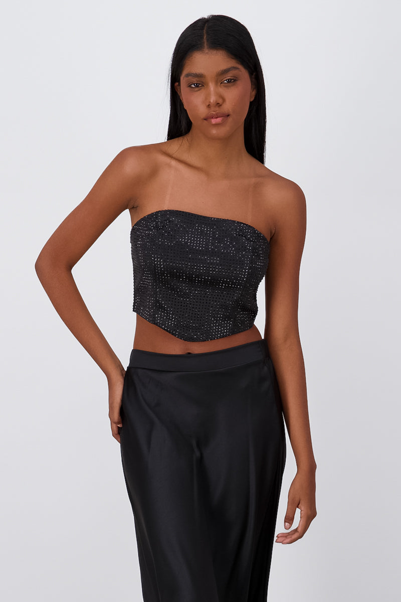 Top strapless con brillos NEGRO