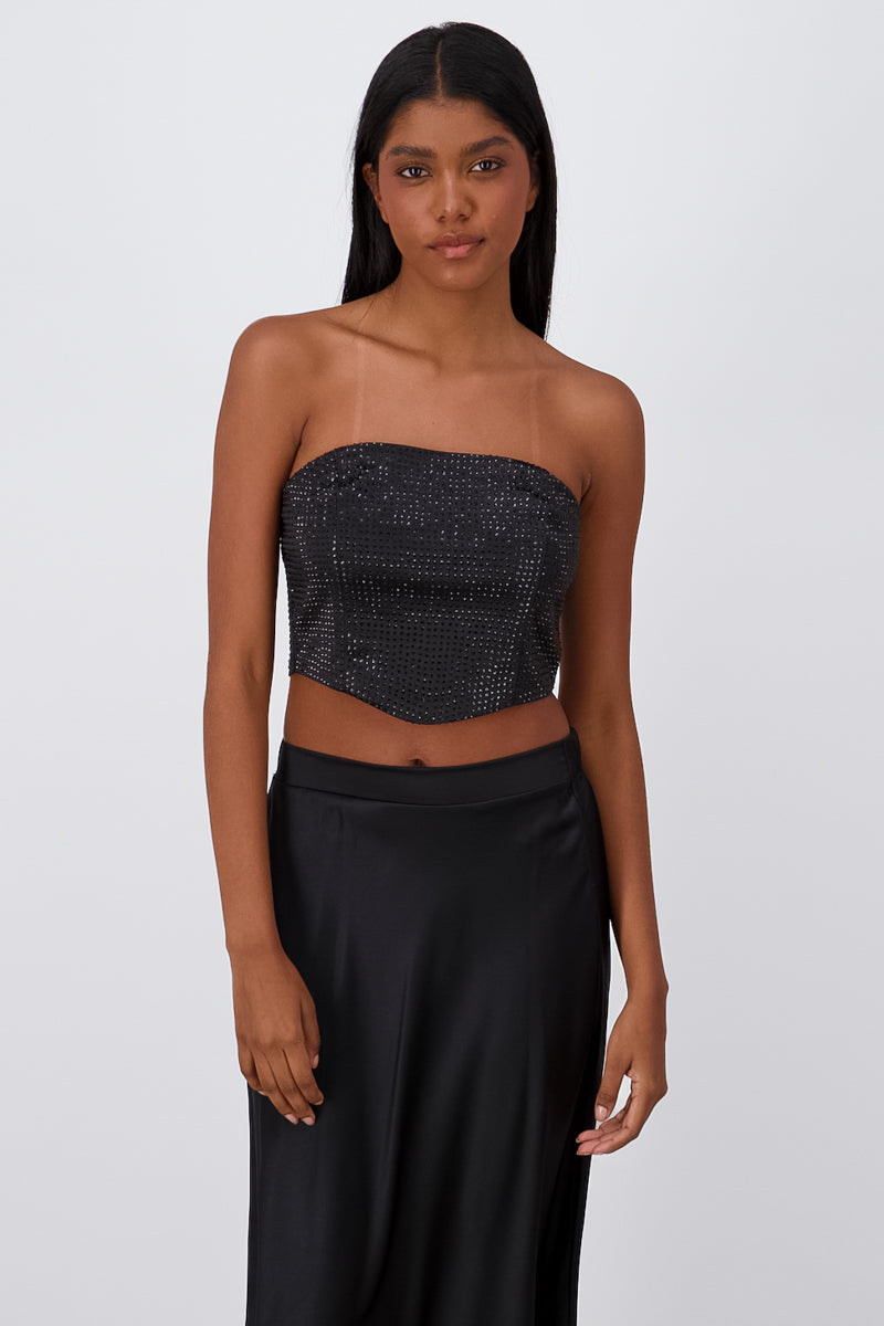 Top strapless con brillos NEGRO