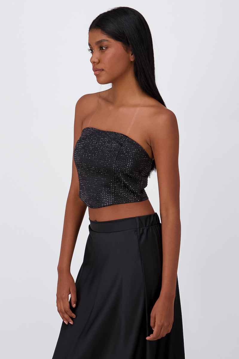 Top strapless con brillos NEGRO