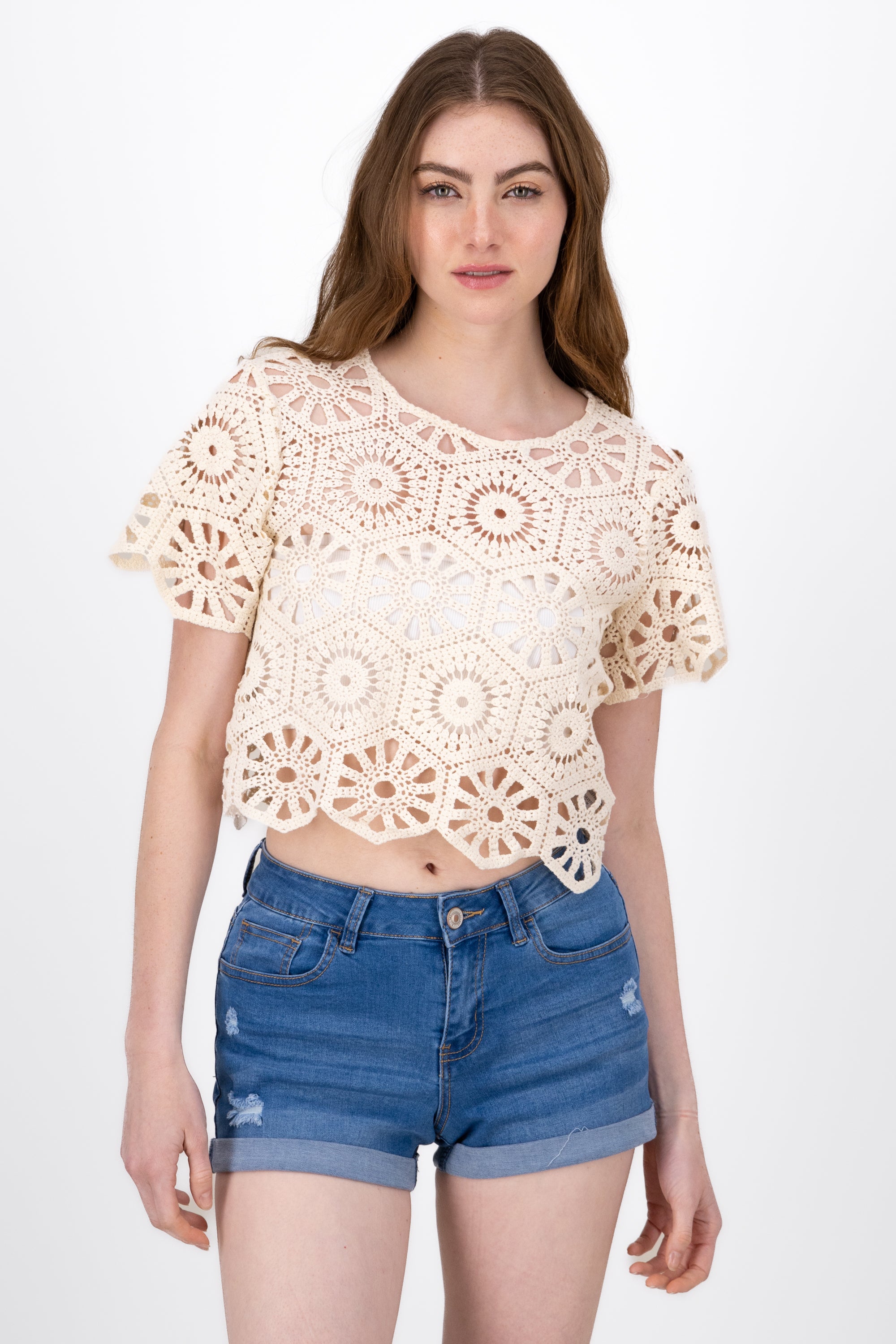 Blusa Manga Corta Tejido Crochet HUESO