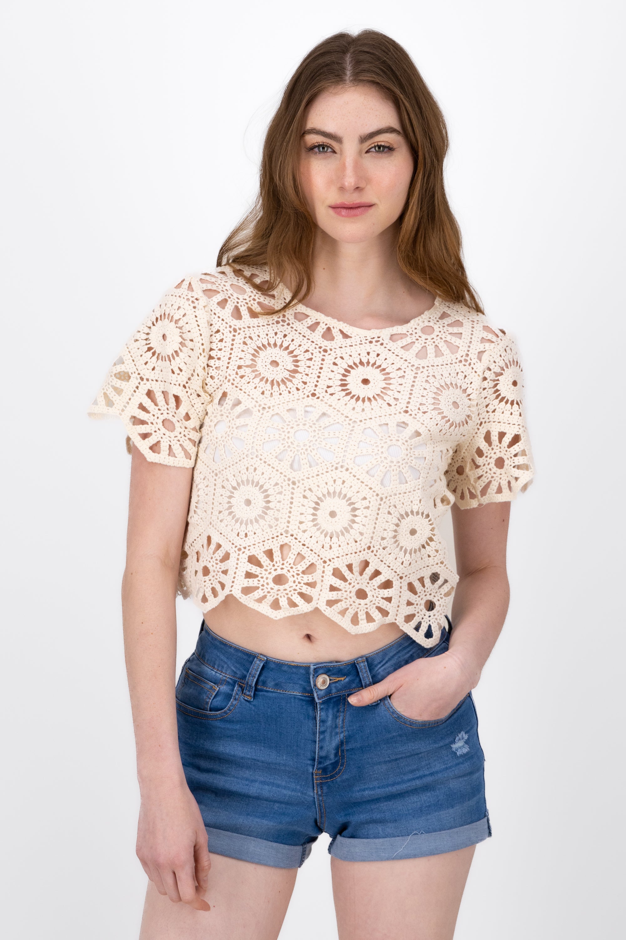 Blusa Manga Corta Tejido Crochet HUESO