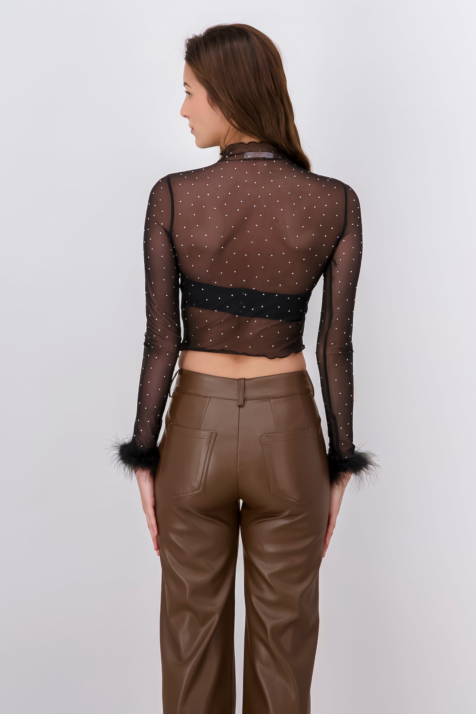 Top Mesh Brillos Plumas NEGRO