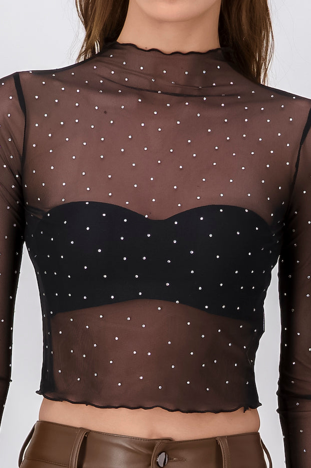 Top Mesh Brillos Plumas NEGRO