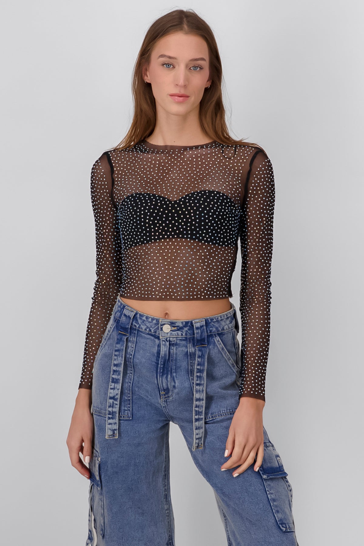 Blusa manga larga mesh brillos NEGRO