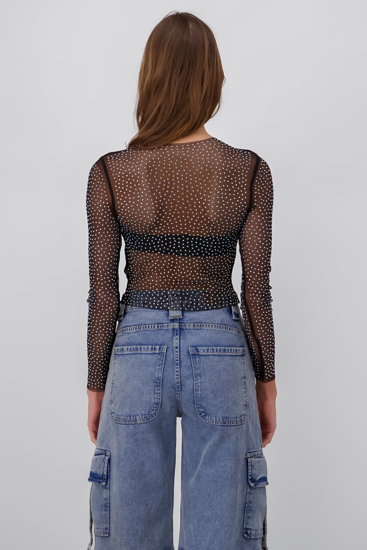 Blusa manga larga mesh brillos NEGRO