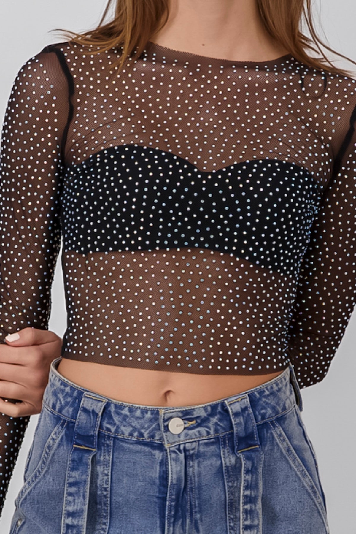 Blusa manga larga mesh brillos NEGRO