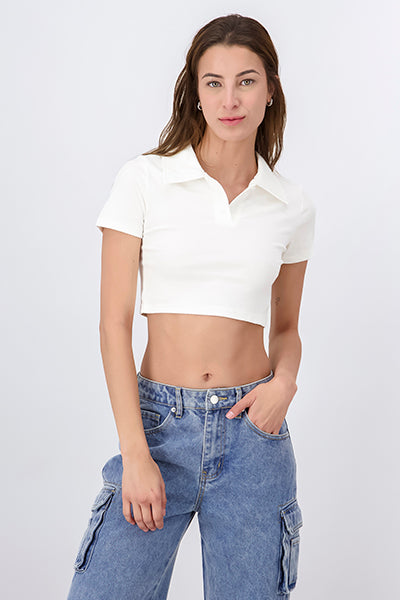 Top crop cuello polo liso BLANCO