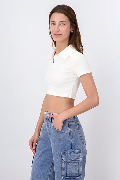 Top crop cuello polo liso BLANCO