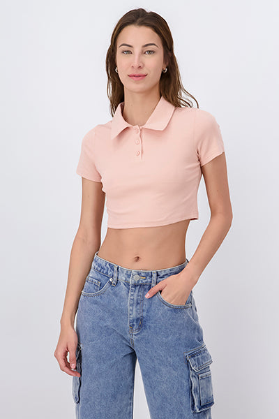 Top crop cuello polo liso TAN