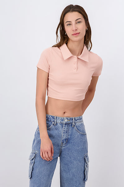 Top crop cuello polo liso TAN