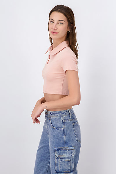 Top crop cuello polo liso TAN