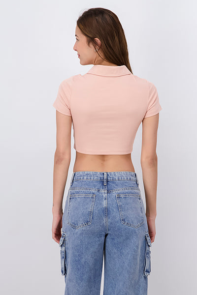 Top crop cuello polo liso TAN