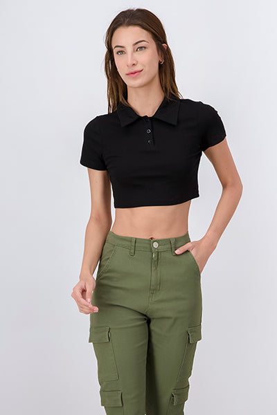 Top crop cuello polo liso NEGRO