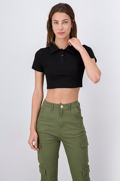 Top crop cuello polo liso NEGRO