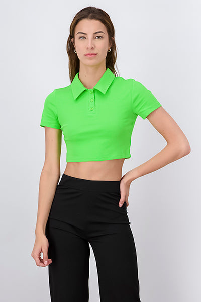 Top crop cuello polo liso VERDE BRILLANTE