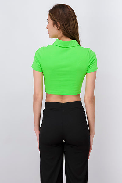 Top crop cuello polo liso VERDE BRILLANTE