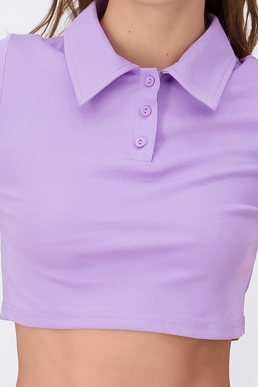 Top crop cuello polo liso LAVANDA