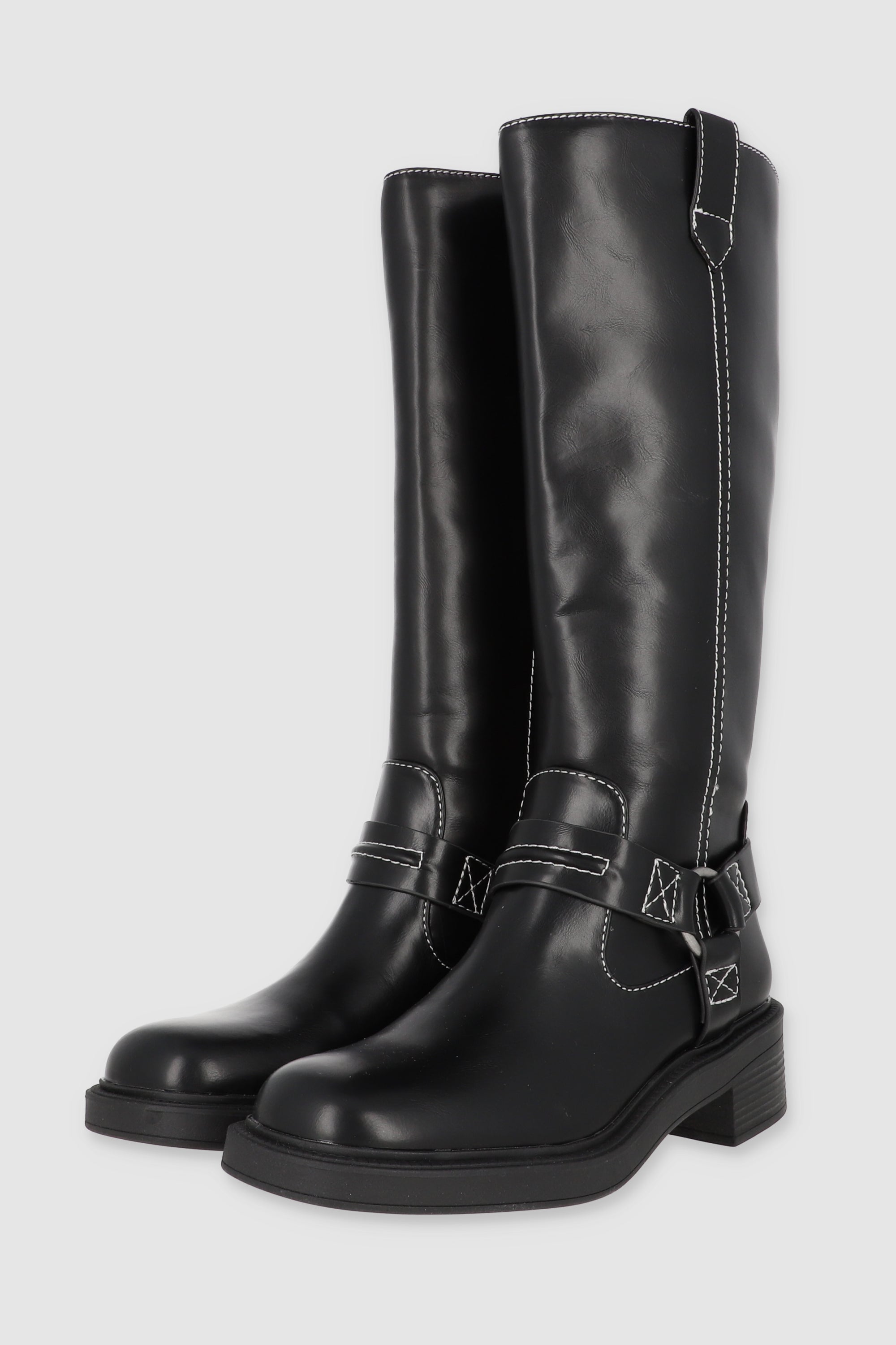 Bota biker costura contraste tiras hebilla aro NEGRO