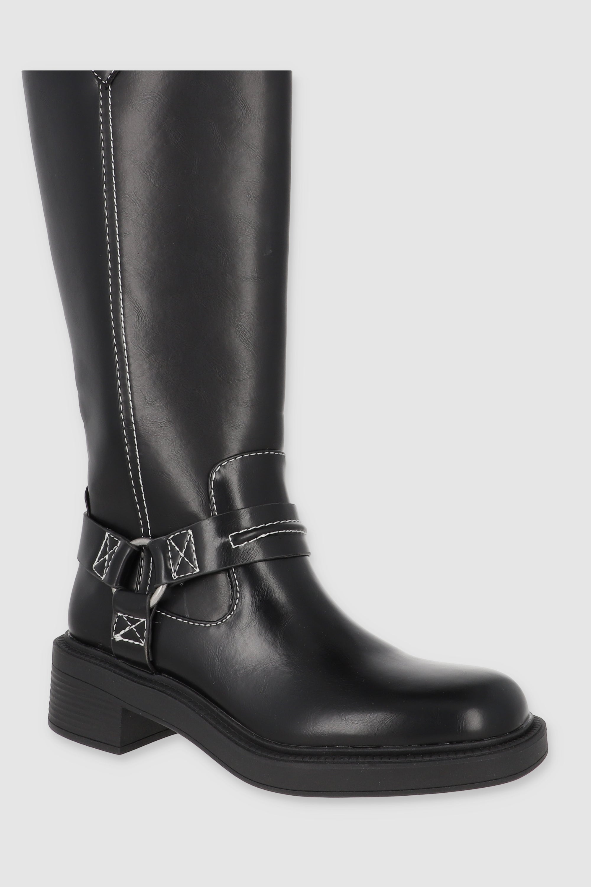 Bota biker costura contraste tiras hebilla aro NEGRO