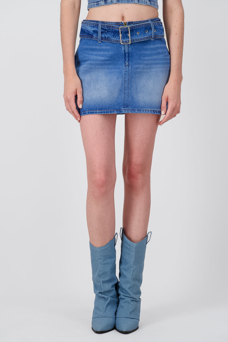 mini falda denim con cinturon STONE MEDIO