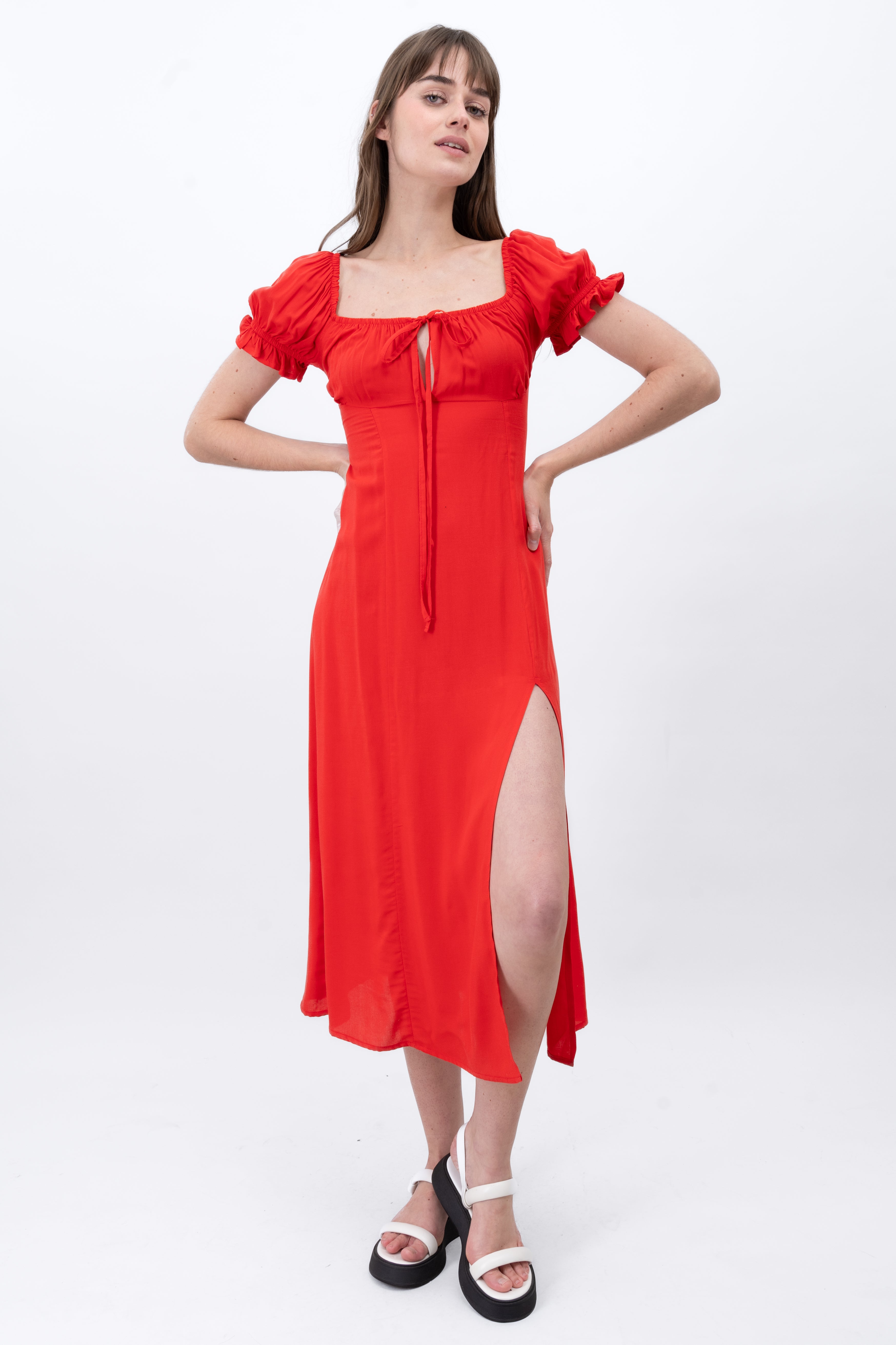 Vestido Manga Abullonada Escote ROJO