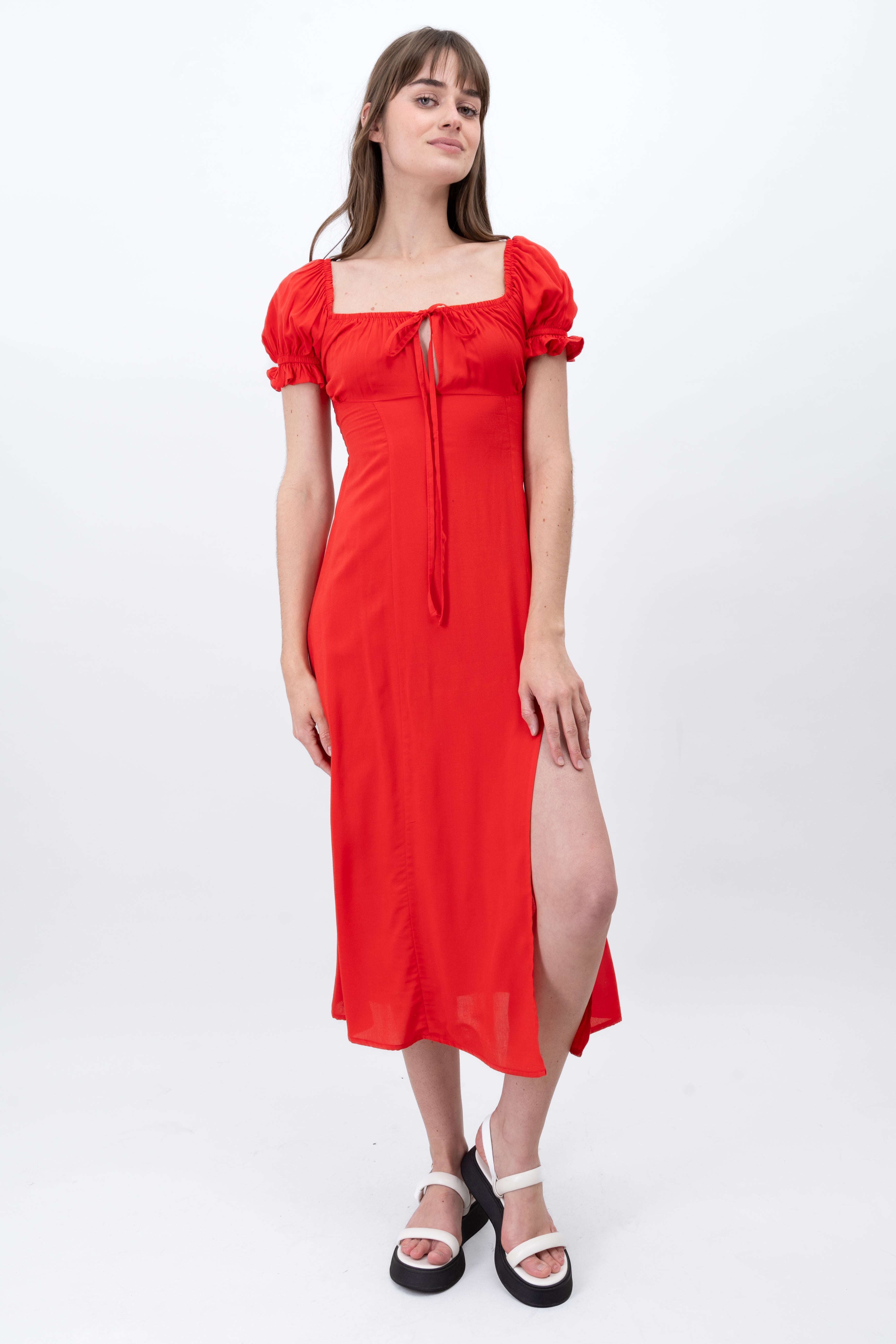 Vestido Manga Abullonada Escote ROJO