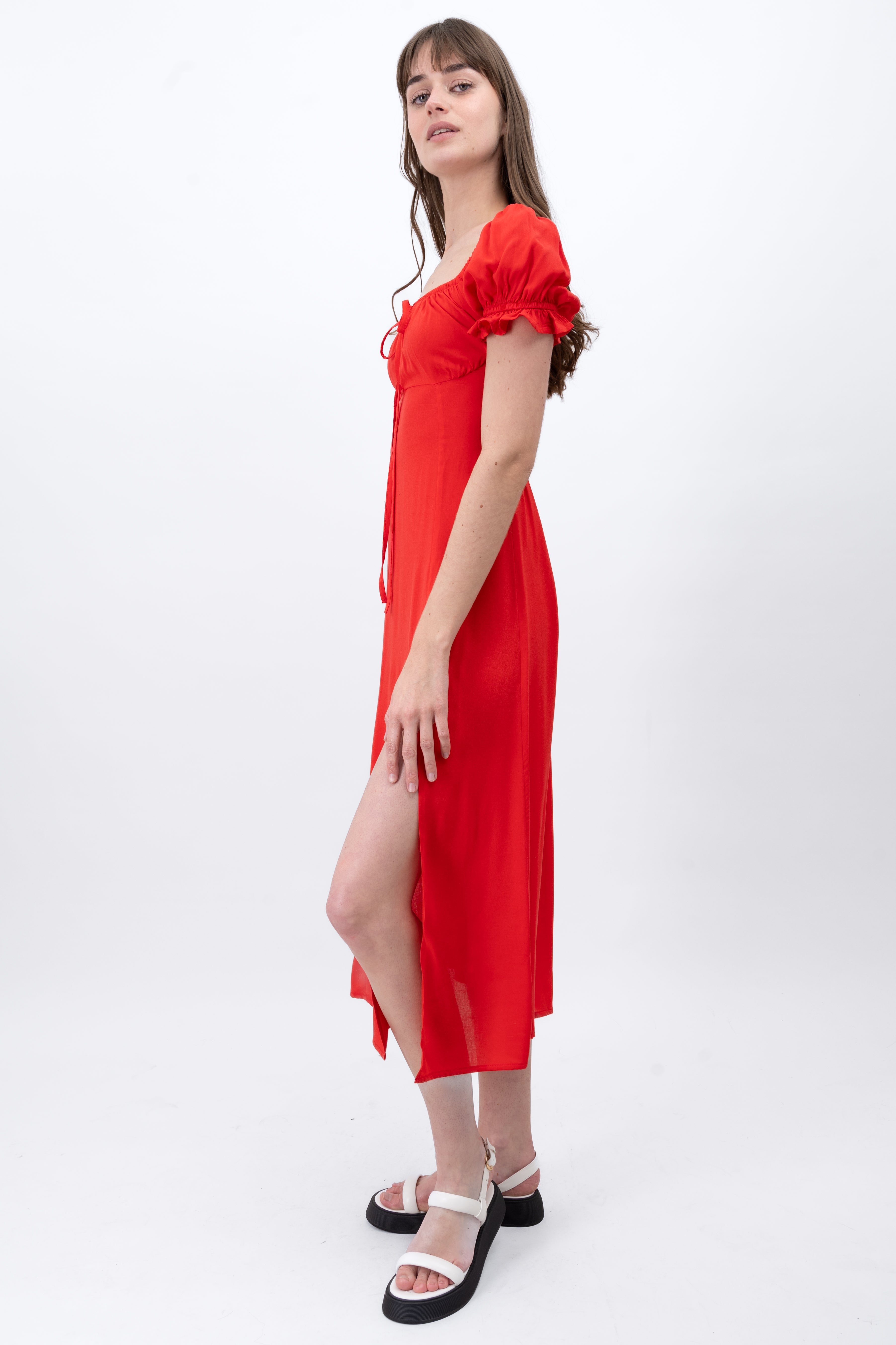 Vestido Manga Abullonada Escote ROJO