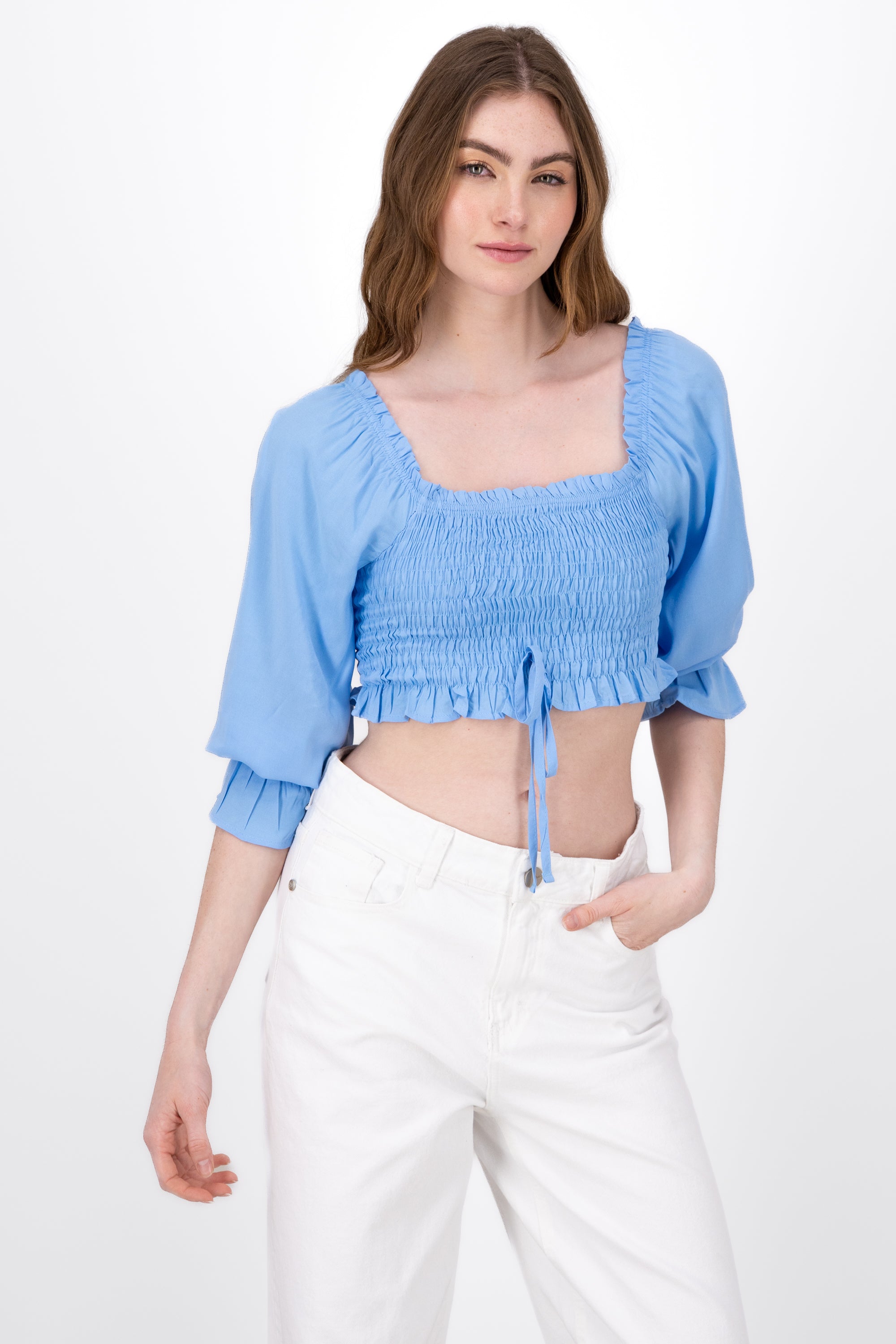 Blusa Manga Larga Abullonada Detalle Resorte AZUL CIELO