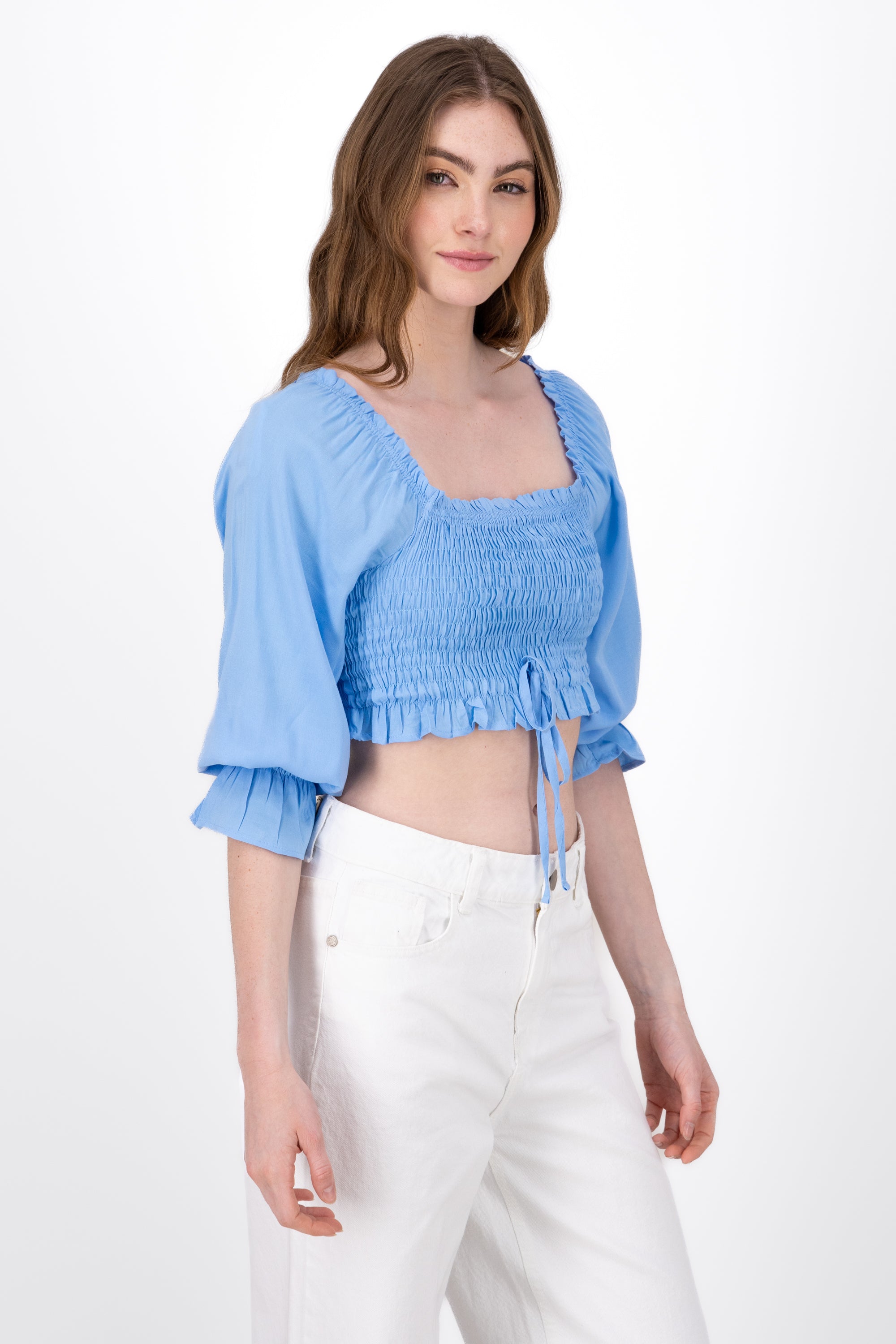 Blusa Manga Larga Abullonada Detalle Resorte AZUL CIELO