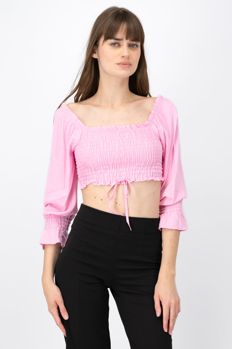 Blusa Manga Larga Abullonada Detalle Resorte ROSA