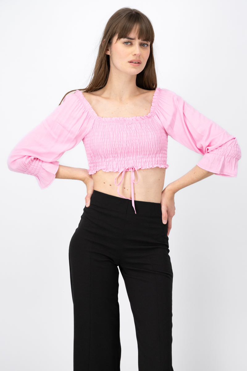 Blusa Manga Larga Abullonada Detalle Resorte ROSA