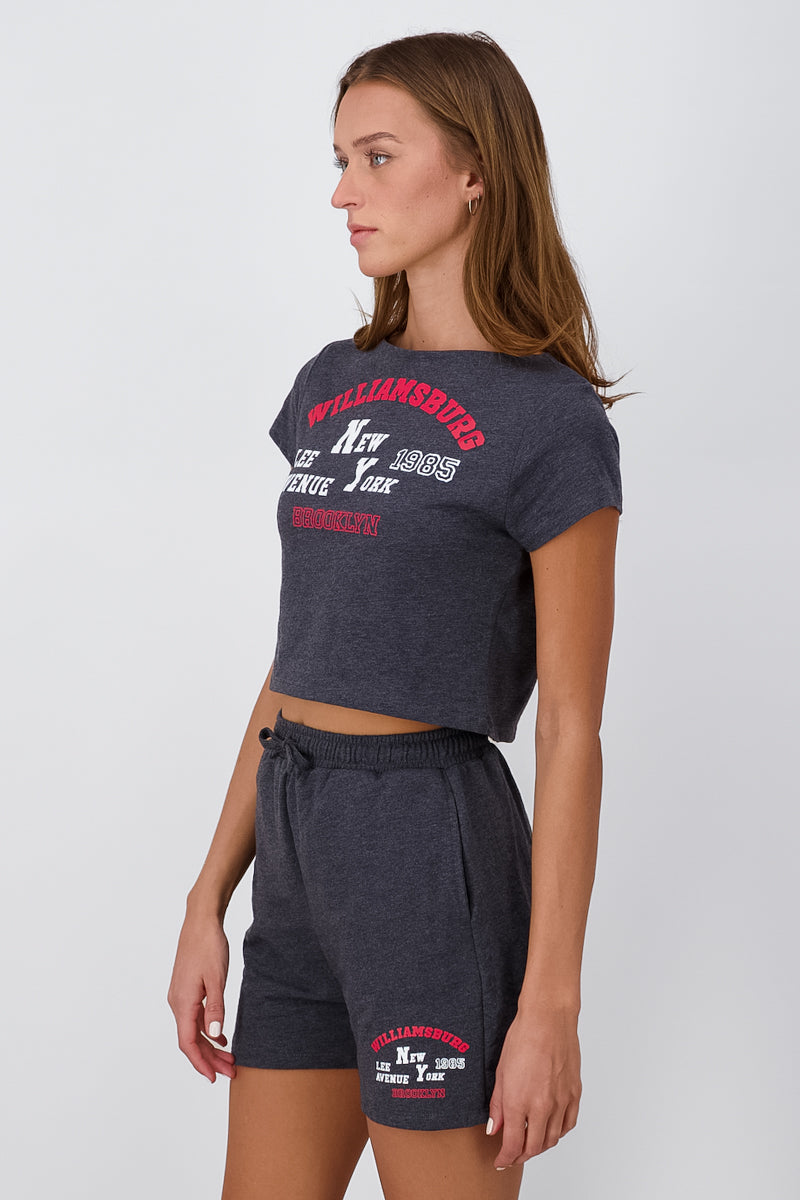 Playera Crop Manga Corta Ny GRIS JASPE