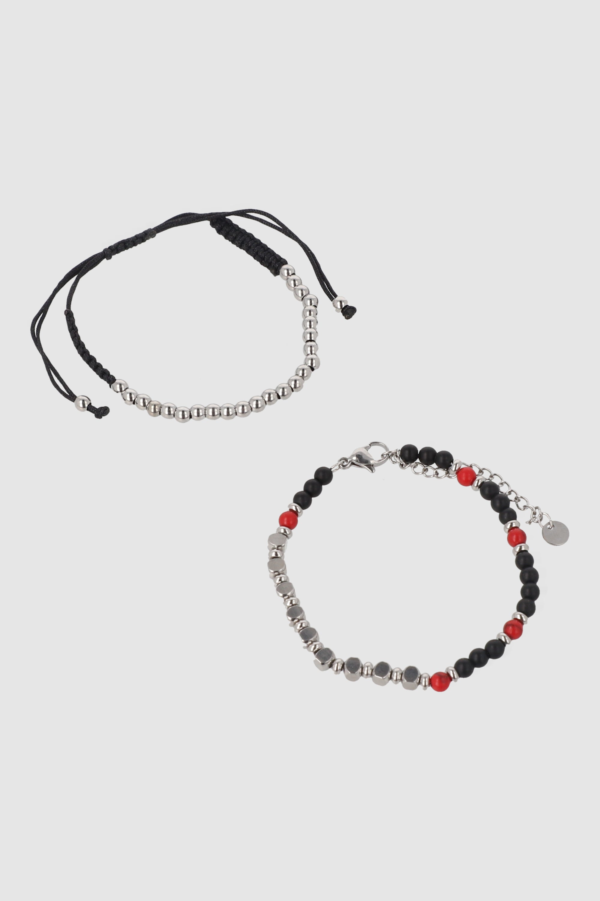 Set De Doble Pulsera De Piedra, Acero Y Cordón NEGRO COMBO