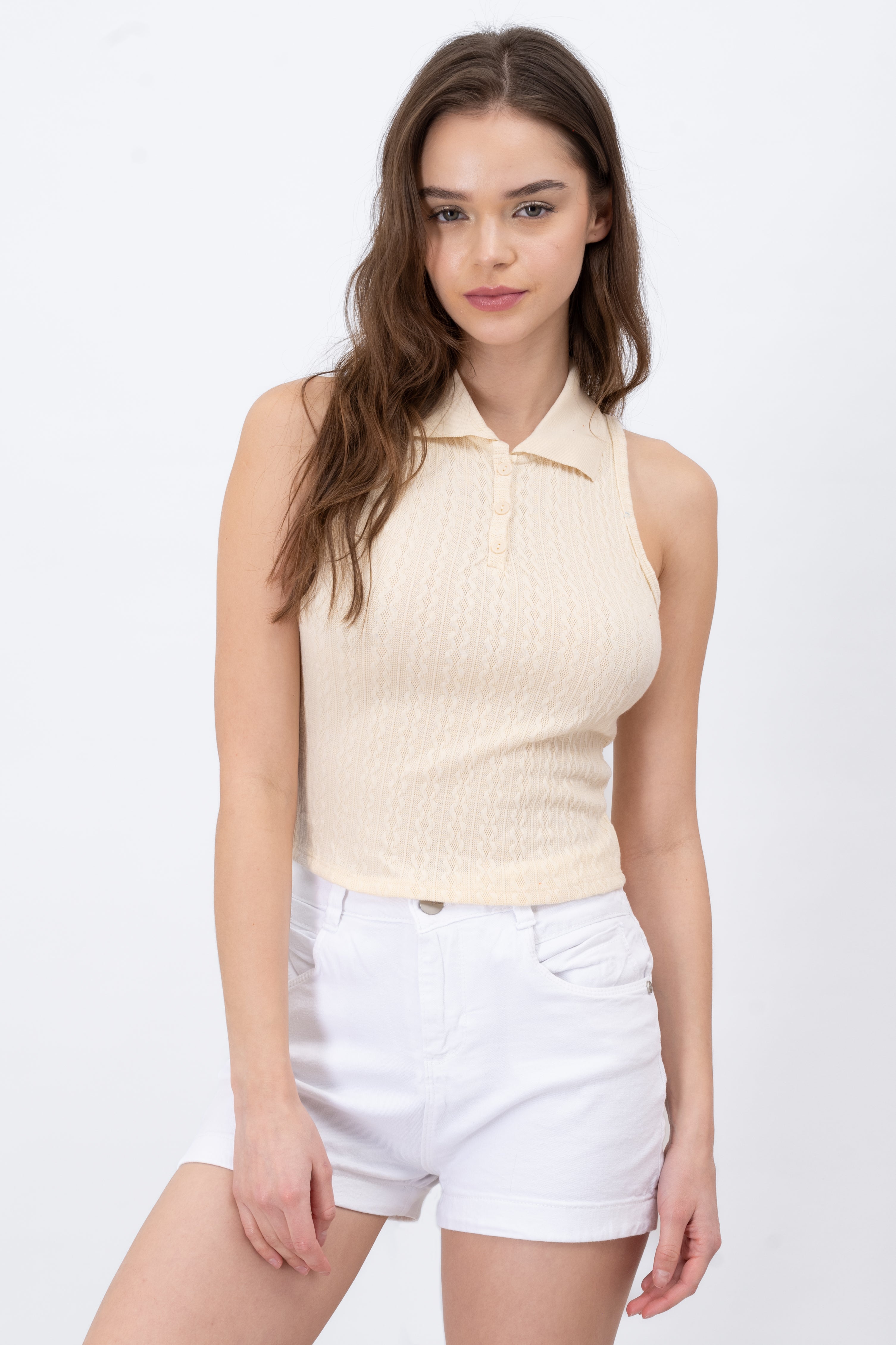 Top Cuello Polo Con Textura CREMA