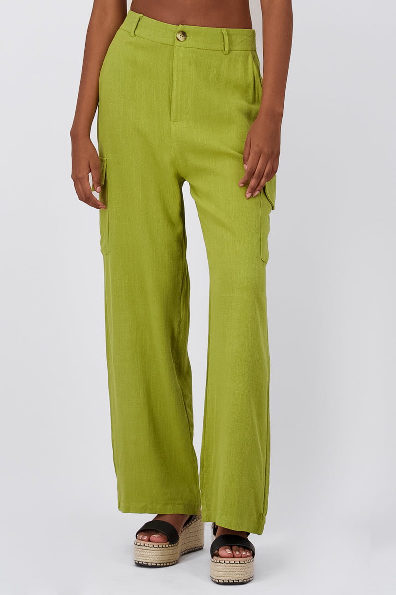 Pantalon Lino Detalle Bolsas Cargo VERDE