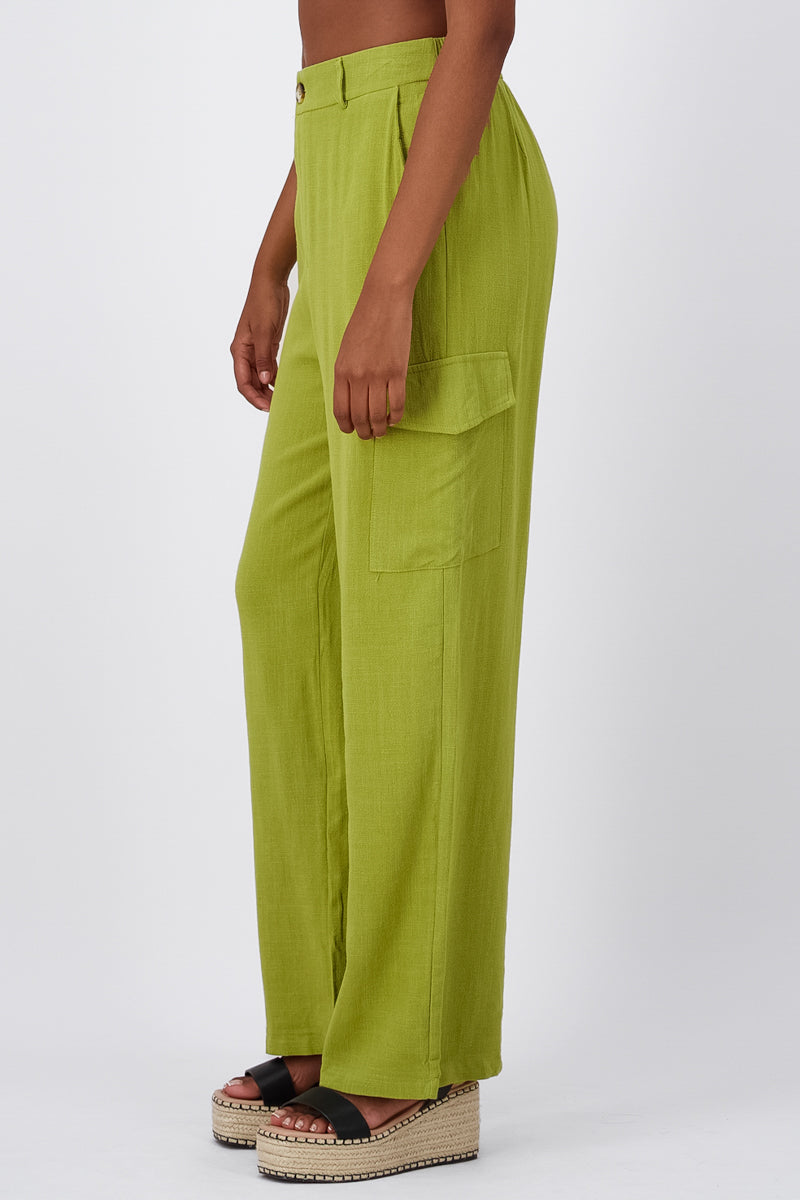 Pantalon Lino Detalle Bolsas Cargo VERDE