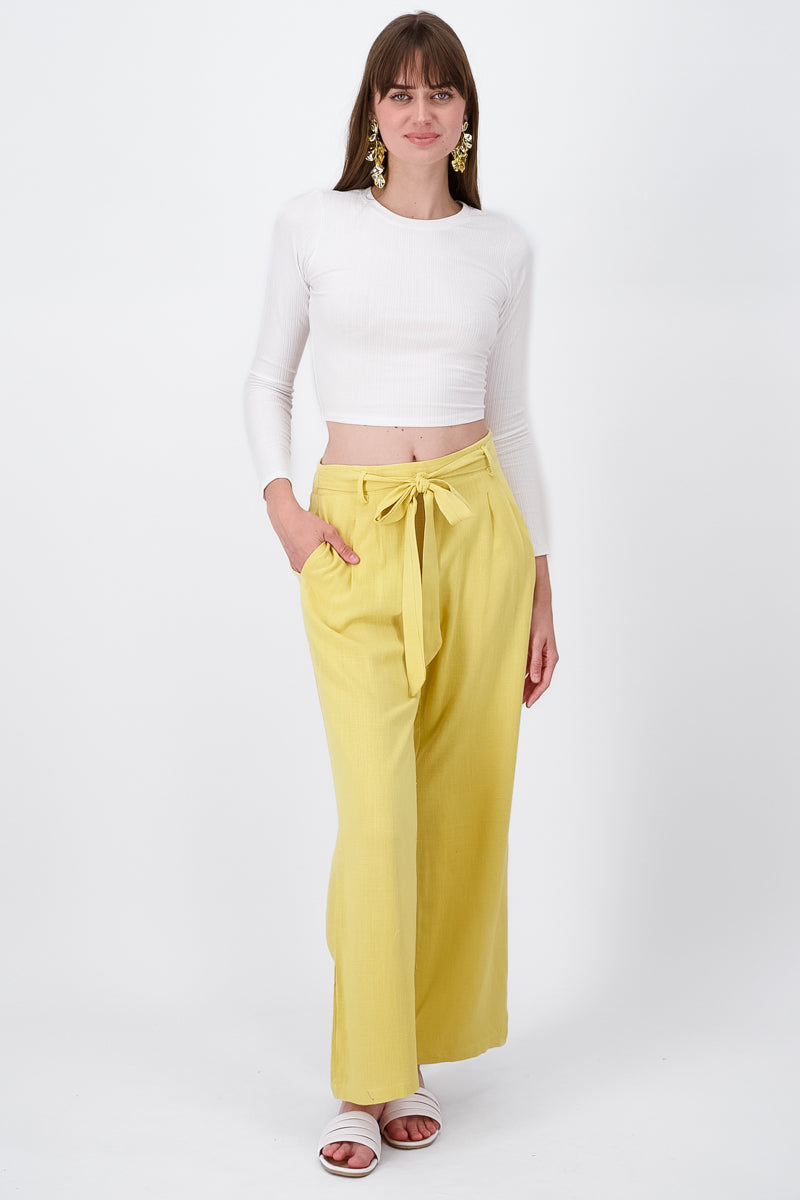 Pantalon Fluido Lino Detalle Moño AMARILLO