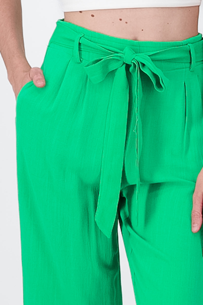 Pantalon Fluido Lino Detalle Moño VERDE