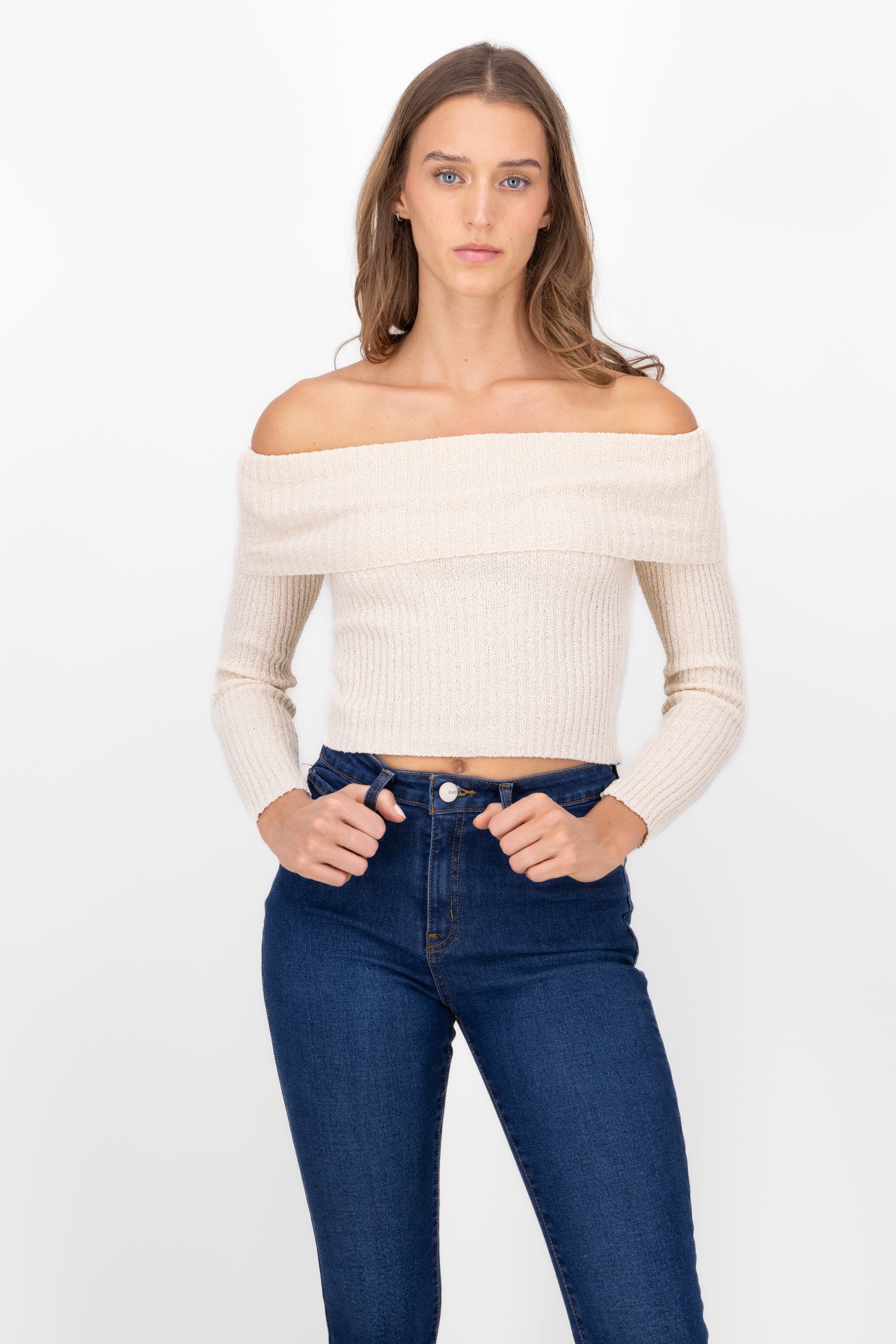 Top Off Shoulder Liso Tejido CREMA