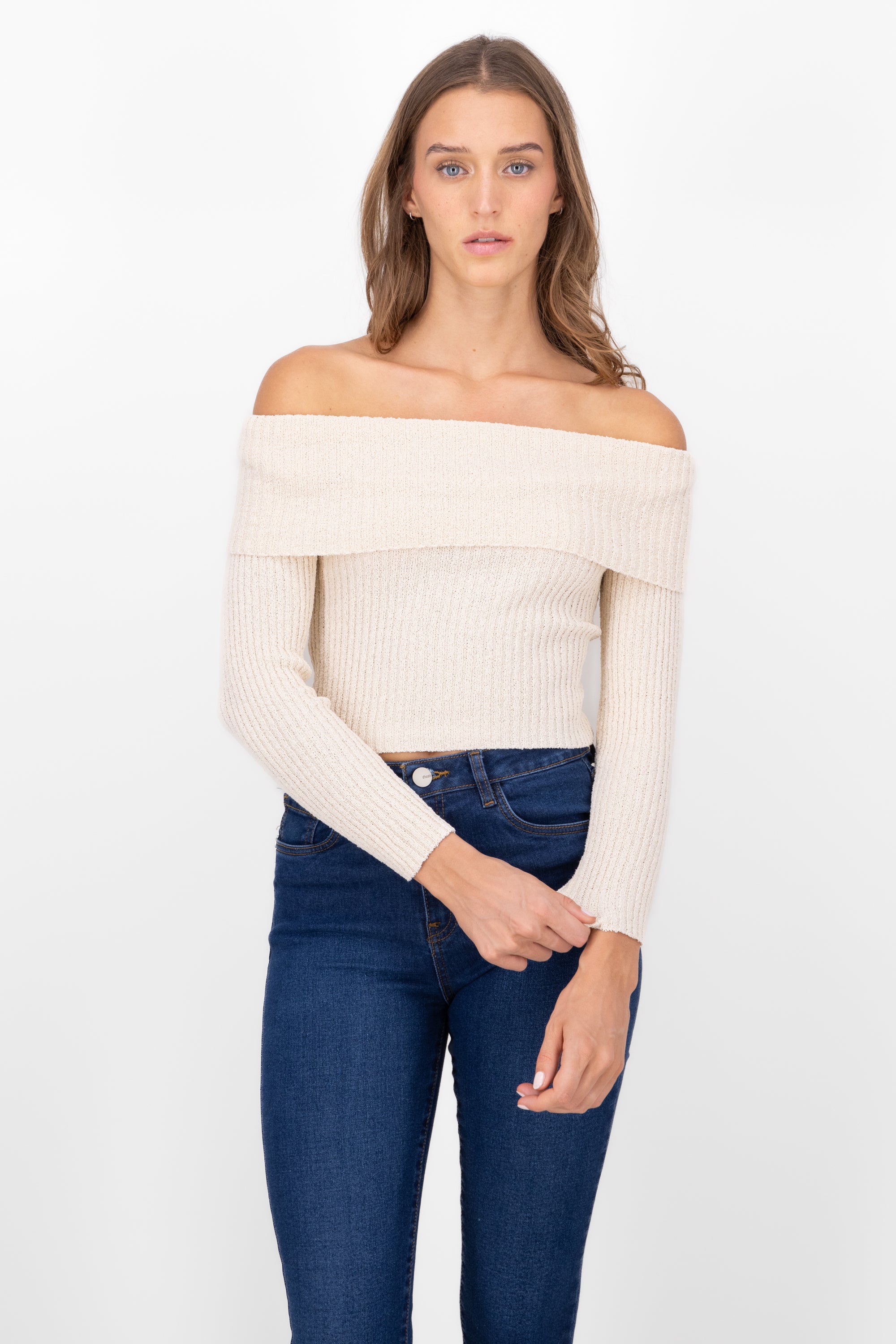 Top Off Shoulder Liso Tejido CREMA