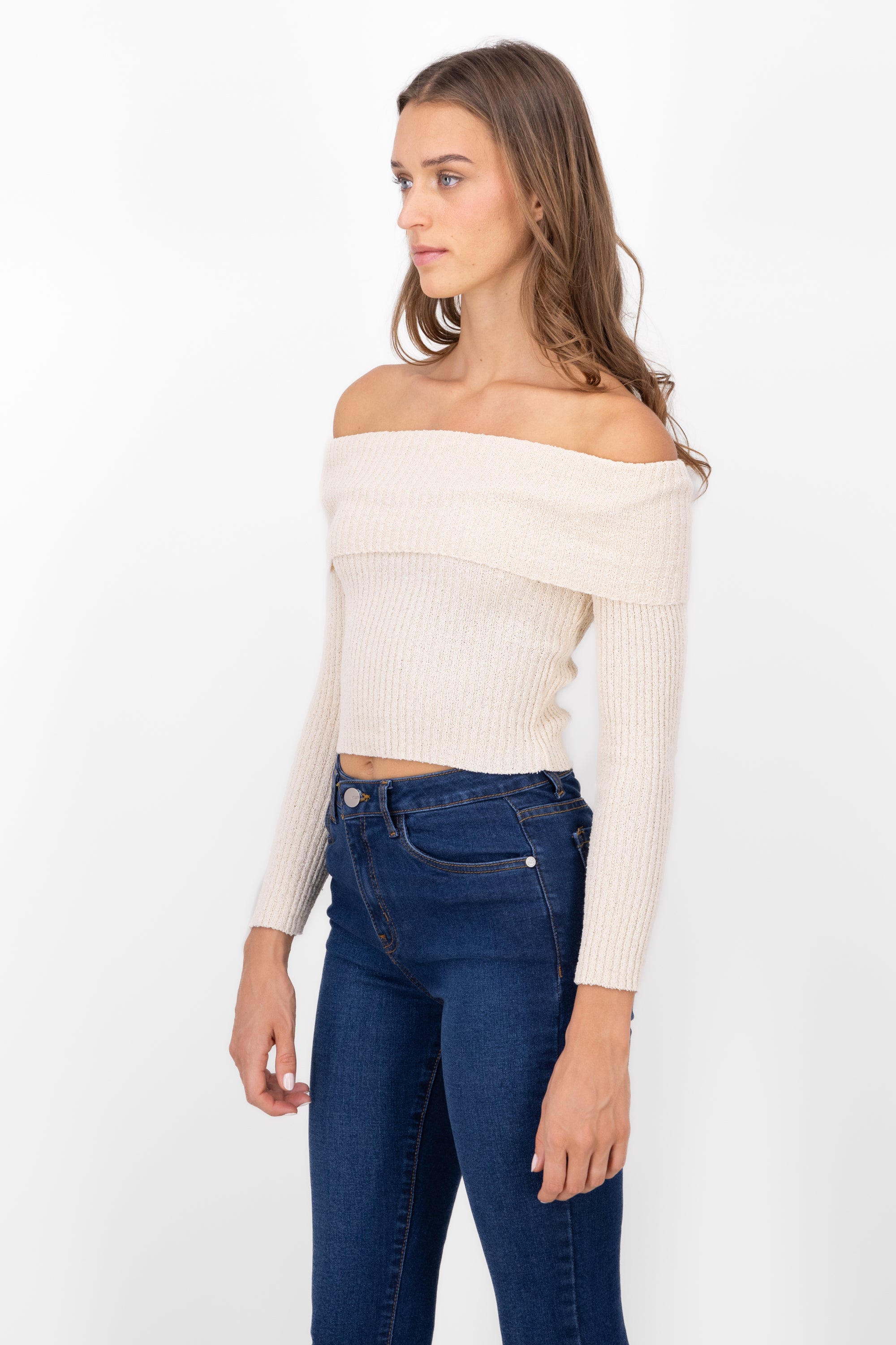 Top Off Shoulder Liso Tejido CREMA