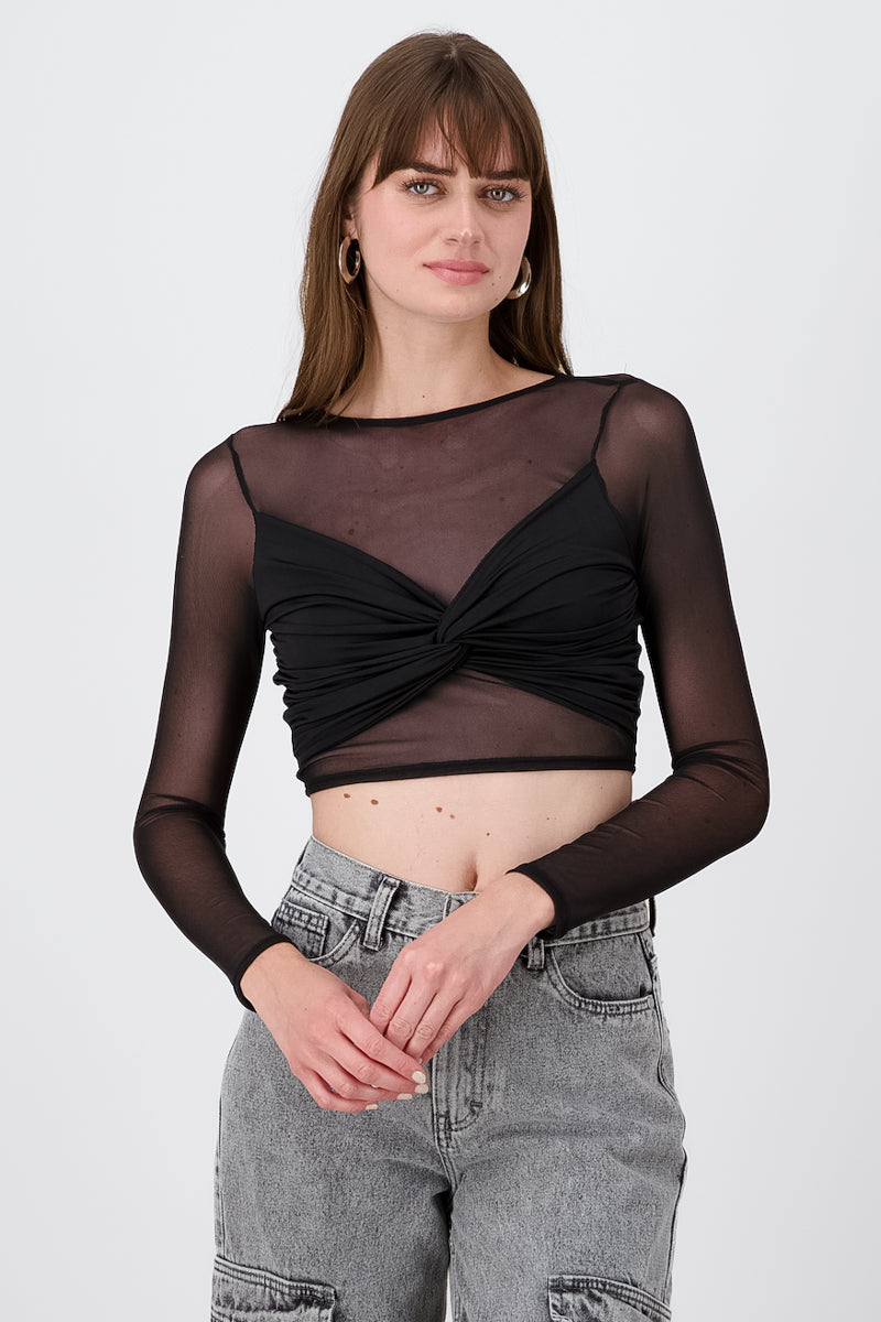 Top manga larga mesh con nudo NEGRO