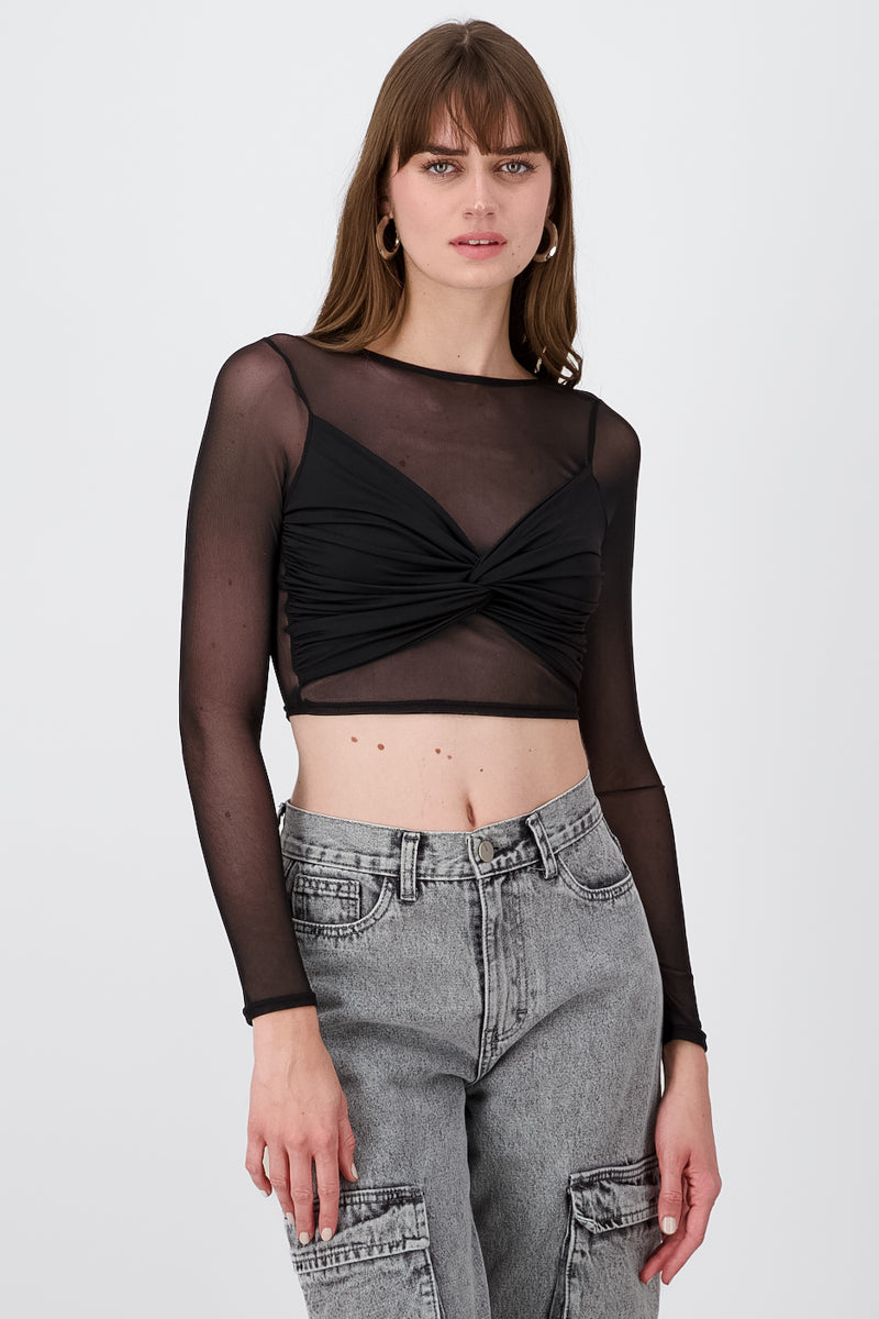 Top manga larga mesh con nudo NEGRO