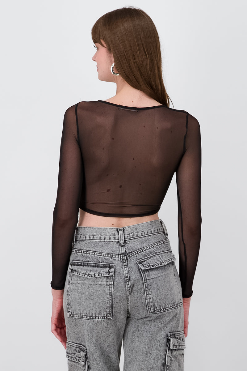 Top manga larga mesh con nudo NEGRO